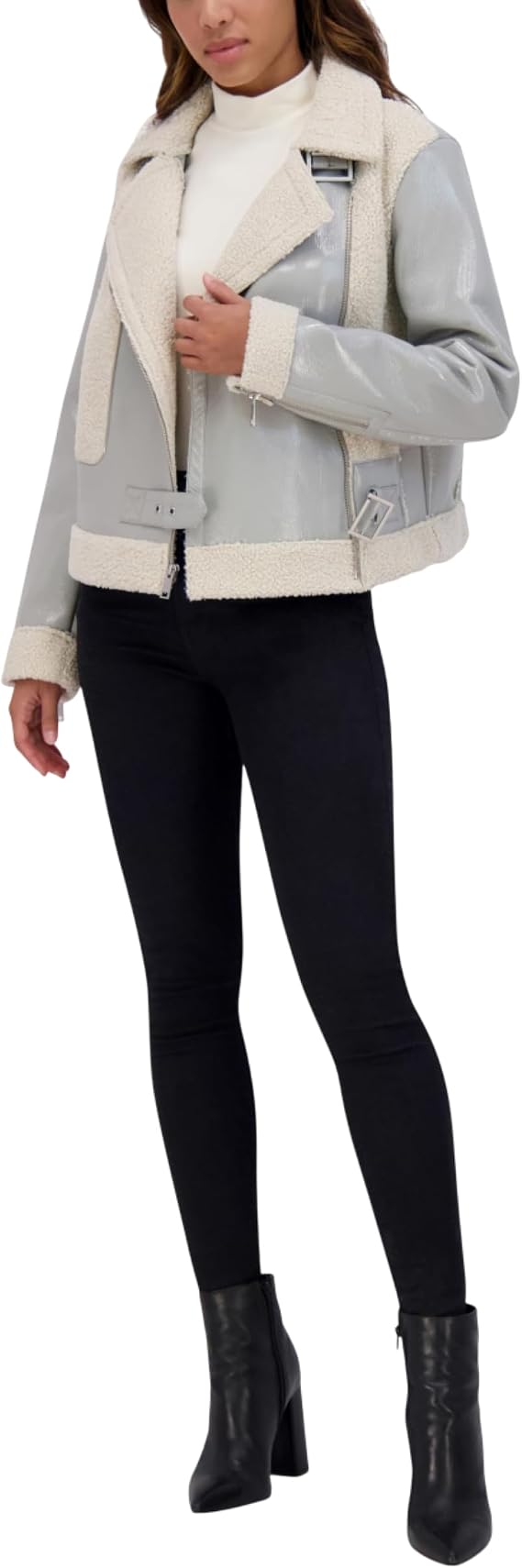 Andrew Marc Women's Moto Faux Patent Leather With Mixed Media Detail Jacket
