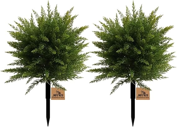 Artificial Cedar Topiary Ball Trees for Outdoors Set of 2, 60 cm UV Resistant Faux Cypress Plants with Ground Spike, Large Fake Evergreen Shrubs Bushes for Porch Front Garden Home Decor (2 Pcs)