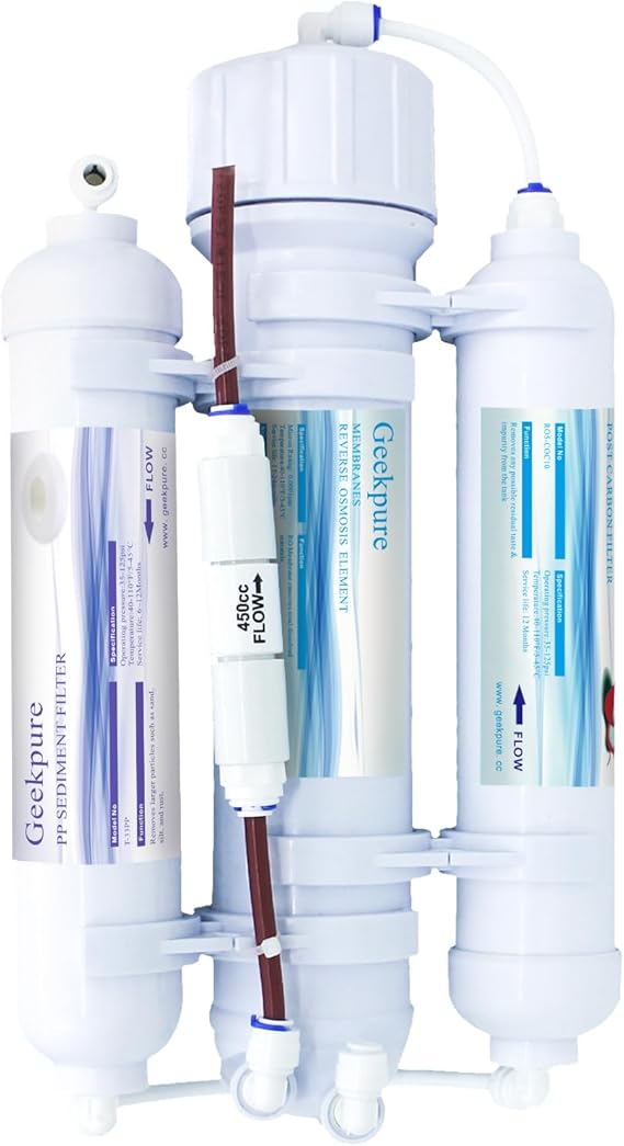 Geekpure 3 Stage Portable Reverse Osmosis Water Filter System, 100 GPD | Aquarium RO Drinking Water Purifier, Feed Water Pressure Must be 40 Psi or Higher