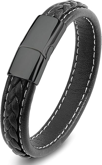 Men's Leather Bracelet Band, Black Wristband Cuff with Clasp, Simple Vintage Bracelet for Christmas