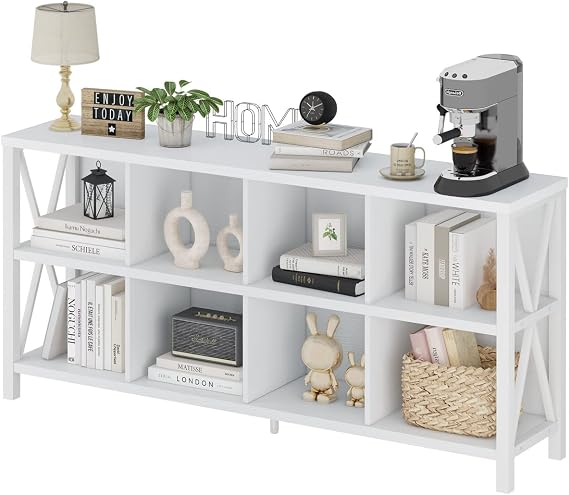 FATORRI 8 Cube Storage Organizer Bookshelf, 62 Inch Rustic Wood Horizontal Bookcase, Industrial Cube Long Book Shelf for Living Room (White Oak)