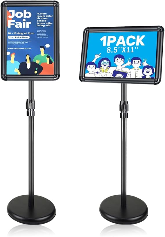 Standing Sign Holder, 8.5 x 11 Sign Stands for Display, Black, 1-Pack | 38"-52" Adjustable , Heavy-Duty Base, Anti-Glare PVC Lens, Snap-Lock 360 Rotation, Waterproof, for Store/Restaurant/Wedding
