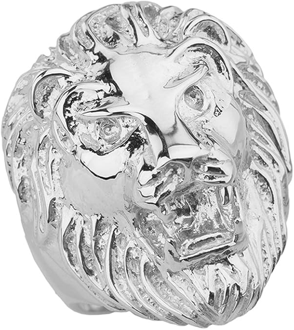 Animal Kingdom Fine Roaring Lion's Head Ring in Solid 10k White Gold