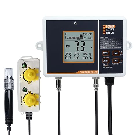 Smart pH Controller with Dosing Pump - Dual Relay Output, LCD Display, Temp Compensation, Auto Data Logging, for Hydroponics, Aquariums, Indoor Grow