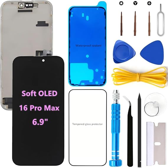Soft OLED for iPhone 16 Pro Max Screen Replacement 6.9'' 3D Touch Display FHD Digitizer Assembly A3084 A3295 A3296 A3297 with Repair Tools Kit,Waterproof sealant,Screen Protector(Soft OLED,Not LCD)