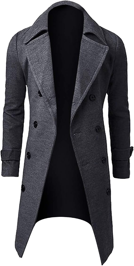 LUCKME Long Trench Coat for Men UK,Wool Overcoat Full Length Double Breasted Long Pea Coat Winter Warm Jacket Coat Business Casual Smart Outwear Slim Fit Trench Coat Size 10-20