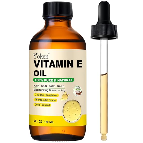 Yoken Vitamin E Oil for Skin 4 Oz Glass Bottle Vitamine Body oils for Face | Pure D-Alpha Tocopherol Cold Pressed Liquid Nails Vit e Women Moisturizing Dry Skin Unscented Carrier Oil Hydrate Hexane Free