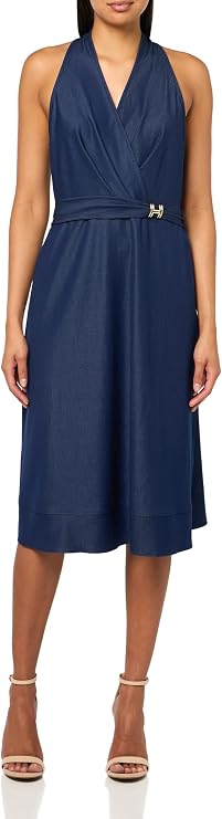 HALSTON Women's Sleeveless V-Neck Gold Belt Mini Dress