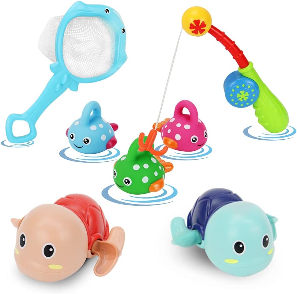 678 Bath Fishing Toy Set,7 pcs Fishing Game Bath Toy w  Fishing Pole,Fishing Net,Floating Fishes & Swimming Tortoise,Baby Summer Shower Toys for Swimming Pool,Bathtub,Bathroom,Water Table