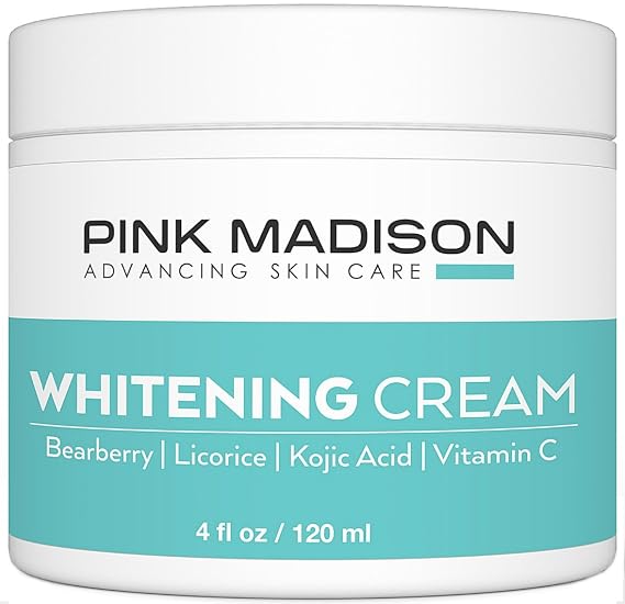 Pink Madison Skin Lightening Cream with Kojic Acid Vitamin C Hyaluronic Acid. Natural Brightening Lotion for Melasma, Hyperpigmentation and Dark Skin Age Spots