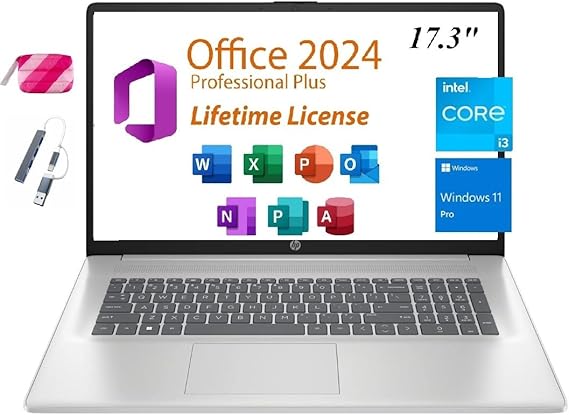HP 2025 Premium 17 Laptop, Lifetime Office 2024, 17.3 HD+ Display, Intel Core i3-N305 Processor,32GB RAM, 1TB PCIe SSD, Wi-Fi 6, HDMI, Webcam, Windows 11 Pro, Silver