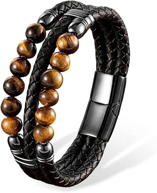 Mens Leather Braided Tiger Eye Bead Bracelet Stainless Steel Clasp Cuff Bracelets Gift for Men Him