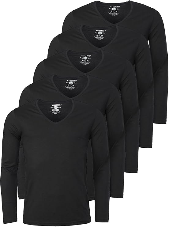 Young & Rich Men's Plain Long-Sleeved Basic Long-Sleeved T-Shirt with Deep V-Neck Slimfit with Stretch Parts (Pack of 3)