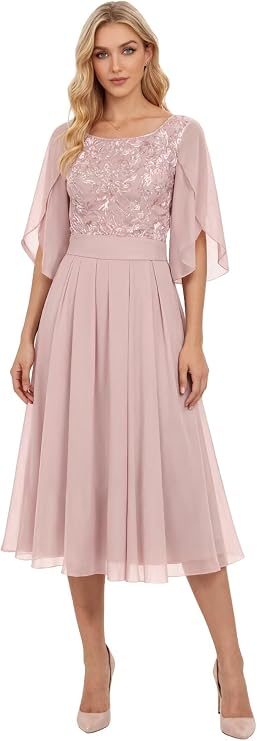 Tea Length Mother of The Bride Dresses with Sleeves Lace Applique Formal Dresses Midi Chiffon Pleated Wedding Guest Dress