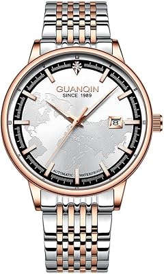 GUANQIN Vintage Men Calendar Luminous Automatic Self-Wind Mechanical Watch Sapphire Business Waterproof Clock Man Stylish Stainless Steel Map Horizontal Stripe Decoration Wristwatch