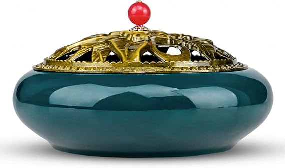 Ceramic Incense Burner, Ceramic Stick Incense Burner Alloy Cover Aromatherapy Oil Burner Charcoal Censer Copper Incense Cone Burner Chinese Porcelain Decorated Charcoal Censer