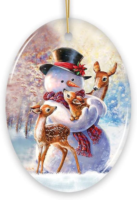 Charming Delicate Snowman and Fawns Christmas Ornament, Winter Deer Love Scene