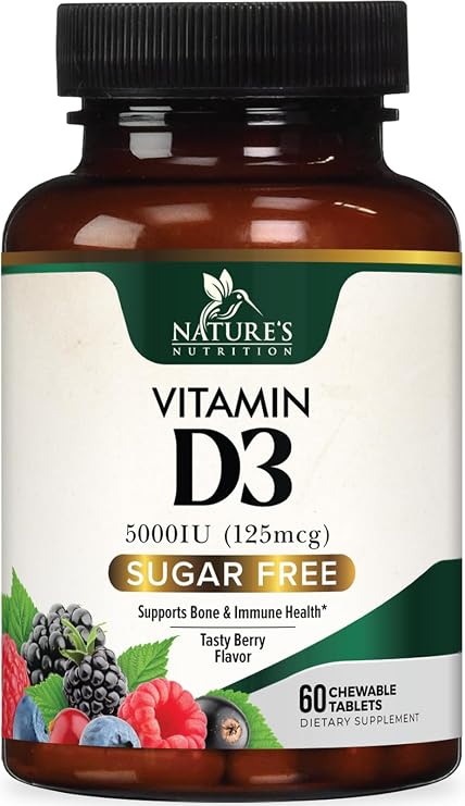 Vitamin D3 5000 IU (125 mcg) Per Serving - Extra Strength Vitamin D Chewable for Immune Support Health - Bone, Teeth and Muscle Supplements - Sugar Free, Gluten Free, USA Bottled - 60 Count Tablets