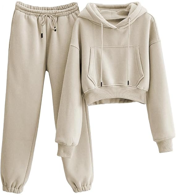 Womens Fleece Lined Sweatsuit Crop Hoodie Jogger Sweatpant Sweat Set