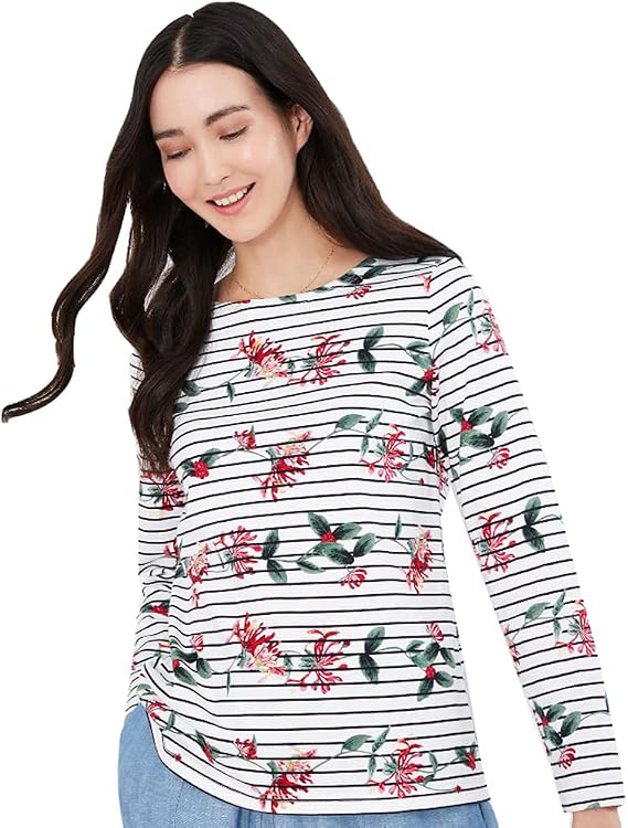 Joules Women's Harbour Print Long Sleeve Jersey Top (US, Numeric, 8, Regular, Regular, Floral Cream Stripe)