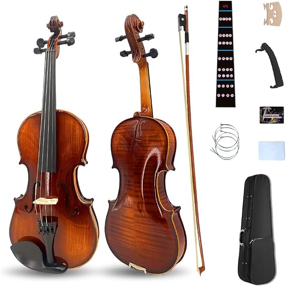 Vetimobato Handmade 4/4 Full Size Violin Set - Solid Flame Maple Back & Sides Spruce Top Ebony Fittings Complete Kit with Case Bow Shoulder Rest Strings for Beginners Players (Dark Brown, 4/4)