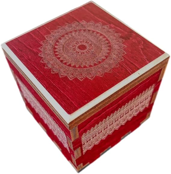 Creative Crafthouse Secret Stash Wood Puzzle Box Red Stained Maple Mandala Edition 4 Inch Cube