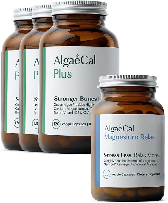 ALGAECAL Organic Red Algae Calcium Supplement for Bone Density & Strength, Vitamin K2 MK7, Vitamin D3, Magnesium & Trace Minerals, 120 Veggie Caps Magnesium RelaxTM (60 Caps)