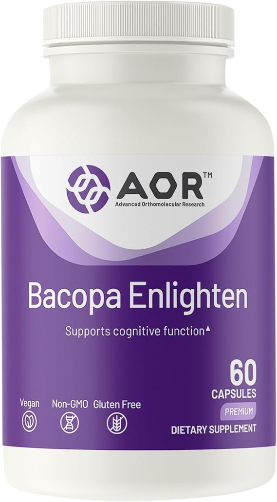 AOR Bacopa Enlighten 300 mg Capsules for Adults, 50% Bacosides, 60 Capsules | Standardized 50% Bacosides, Brain Support, Memory Support, 60-Day Supply, Vegan Capsules, Gluten-Free, Dairy-Free, Non-GMO