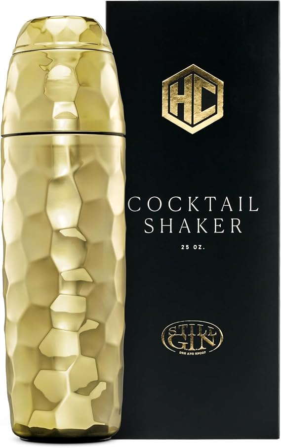 HexClad 25 oz Gold Vacuum Insulated Cocktail Shaker w/Jigger & Strainer