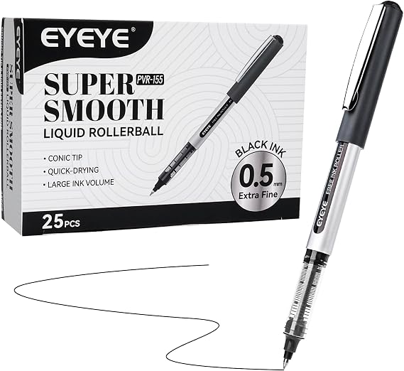 EYEYE 0.5mm Black Rollerball Pens 25 Pack, Extra Fine Point Roller Ball Pens Quick Dry, Liquid Ink Pens Fine Point Smooth Writing Pens for Journaling, Note Taking, School, Office Supplies