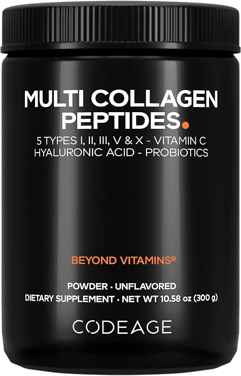 Codeage Multi Collagen Peptides Powder, Probiotics, Vitamin C, 10.58 Oz | Five collagen types with probiotics, vitamin C, hyaluronic acid. Grass-fed, hydrolyzed. Unflavored. Non-GMO.