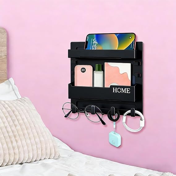 Floating Shelves for Bedside Accessories Organizer, Self-adhesive Wall Mount, Room Decor, Storage and Organisation Items in Bedroom, Black