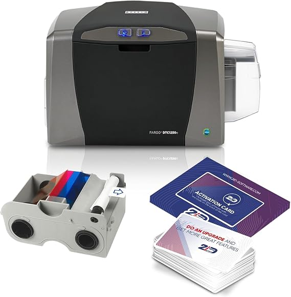 2ID Fargo DTC1250e Single-Sided Badge Printer & Complete Supplies Package | Includes Beginner Edition Card Production Software for School IDs, Corporate Access Cards, and Business Badges
