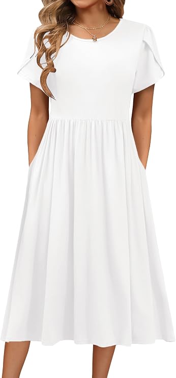 HOTOUCH Women Dresses Elegant Summer Midi Dress Short Sleeve Round Neck Tunic Dress Casual A Line Dresses with Pockets S-XXL