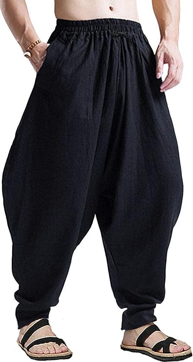 perdontoo Mens Harem Pants Loose Fit Elastic Waist Drawstring Aladdin Hippie Trousers