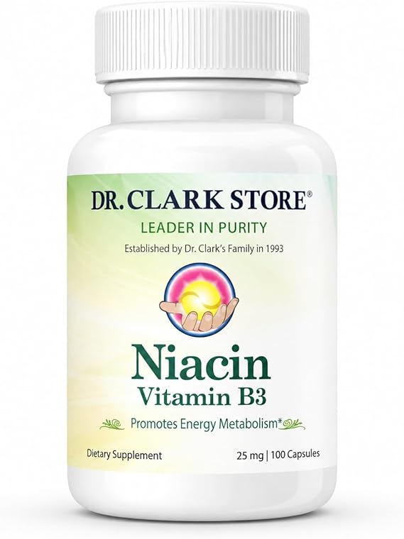 Dr Clark Niacin (Vitamin B3) Supplement 25mg, 100 Gelatin Capsules, Supports Circulation & Healthy Cholesterol Levels