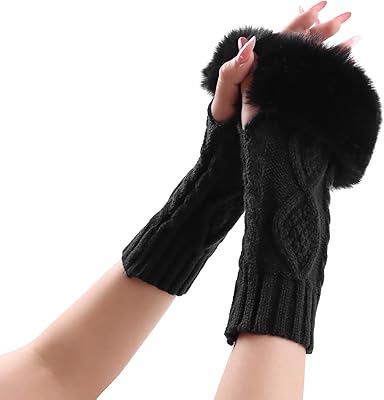 PESAAT Knit Arm Warmers Faux Fur Fingerless Gloves for Women Winter Wrist Warmers with Thumb Hole