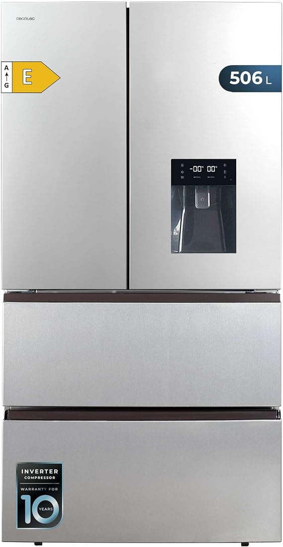 Cecotec Französische Tür Kühlschrank Edelstahl mit Wasserspender 510 l Bolero CoolMarket FD 510 WD Inox E. 183 cm hoch 84 cm breit Invertermotor geringer Verbrauch Total NoFrost [Energy Class E]