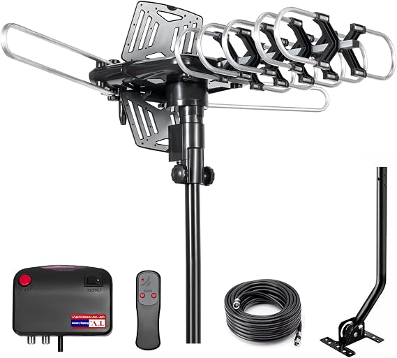 Amplified Outdoor TV Antenna 200+Mile Motorized 360 Degree Rotation, Remote Control, Mounting Pole & RG6 Cable, Dual TV Outputs, Supports UHF VHF 1080P 4K Smart & Older TVs