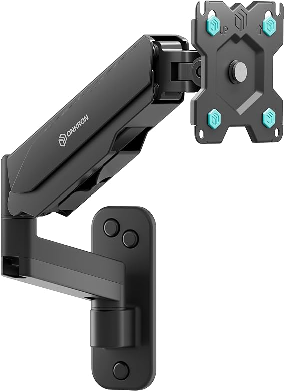 ONKRON Single Monitor Wall Mount for 13-34 Inch Screen up to 17.6 lbs, Height Adjustable, Full Motion Computer Screen Wall Mount, VESA 75x75 & 100x100, Gas Spring Monitor Arm Wall Black