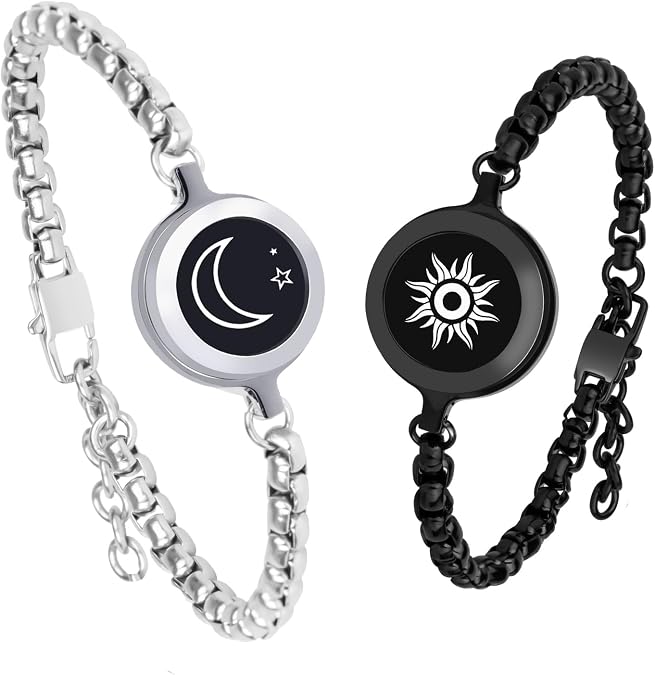 Long Distance Touch Bracelets,Vibration & Light up Couples Bracelets, Remote Smart Matching Couples Bracelet for Couples Long Distance Relationship Girlfriend Boyfriend Xmas Gifts silver Black
