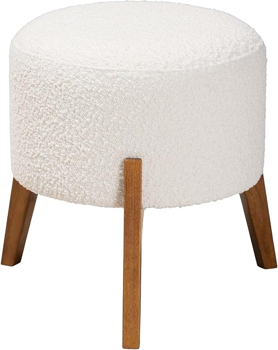 Baxton Studio Elkie Fabric Footstool Ottoman, Cream/Walnut Brown