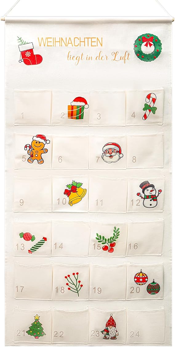 Fabric Advent Calendar for Filling, Wall Calendar with 24 Pockets for Christmas Gifts, Christmas Cards, Sweets, Cards, Toys (100 x 50 cm)