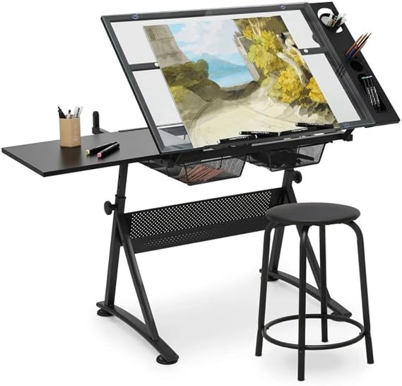 Drawing Table,Adjustable Height Drafting Table Tilt Table Top Art Writing Reading Workstation for Office and Home Black
