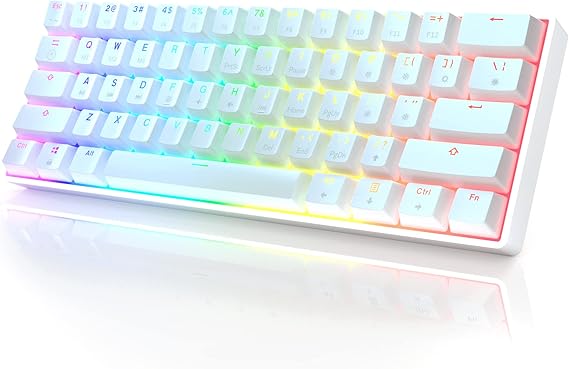 HKKB GK61 Mechanical Gaming Keyboard 60 Percent | 61 RGB Rainbow LED Backlit Programmable Keys | USB Wired | for Mac and Windows PC | Hotswap Gateron Mechanical Yellow Switches | White