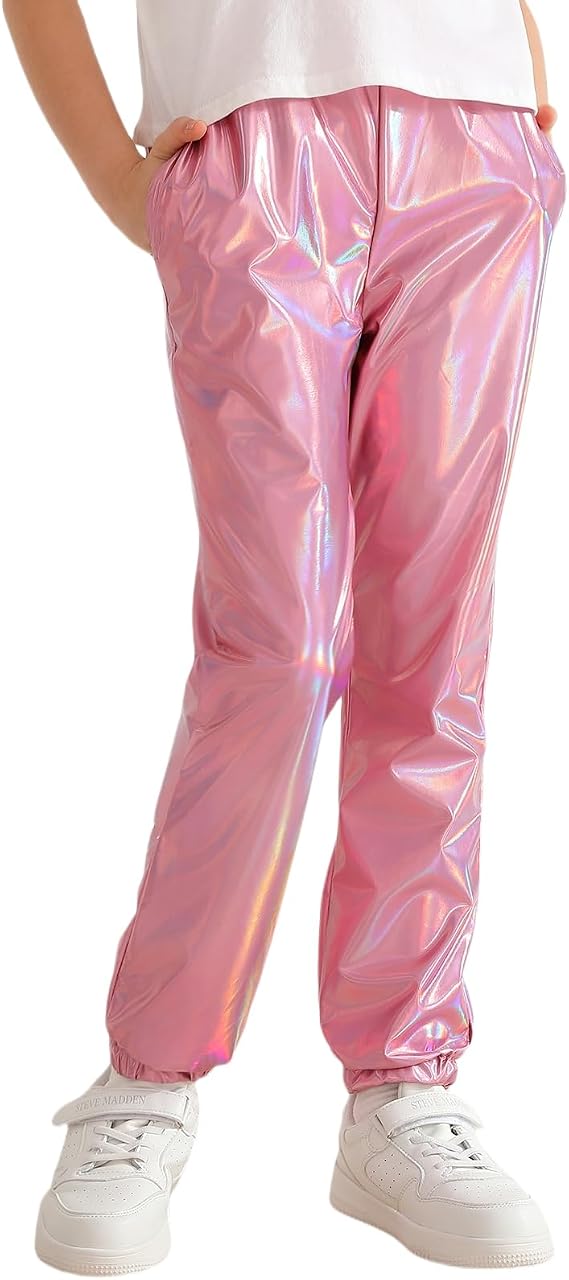 Girls Metallic Pants Holographic Shiny Sparkly Stretchy Jogger Pants Loose Hip Hop Wear