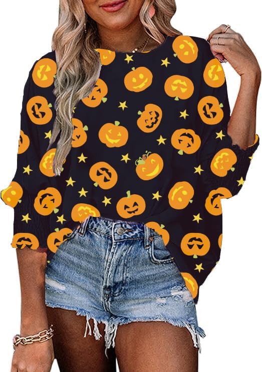 Womens Halloween Shirts Plus Size Puff Smocked 3 4 Sleeve JackoLantern Costume JackoLantern Pumpkin Shirt