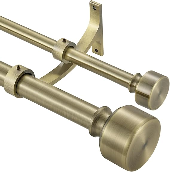 Antique Bronze Double Curtain Rods, Double Rod Curtain Rods for Window 28 to 48 Inch, Decorative Double Window Rod with Modern End Cap, 1-Inch Front and 5/8 Inch Back Heavy Duty Double Drapery Rods