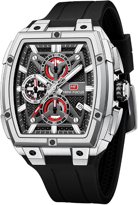 MF MINI FOCUS Men's Watches Analog Fashion Wrist Watch, Skeleton Tonneau Watches for Men with Chronograph,Ideal for Sports Enthusiasts and Daily Wear