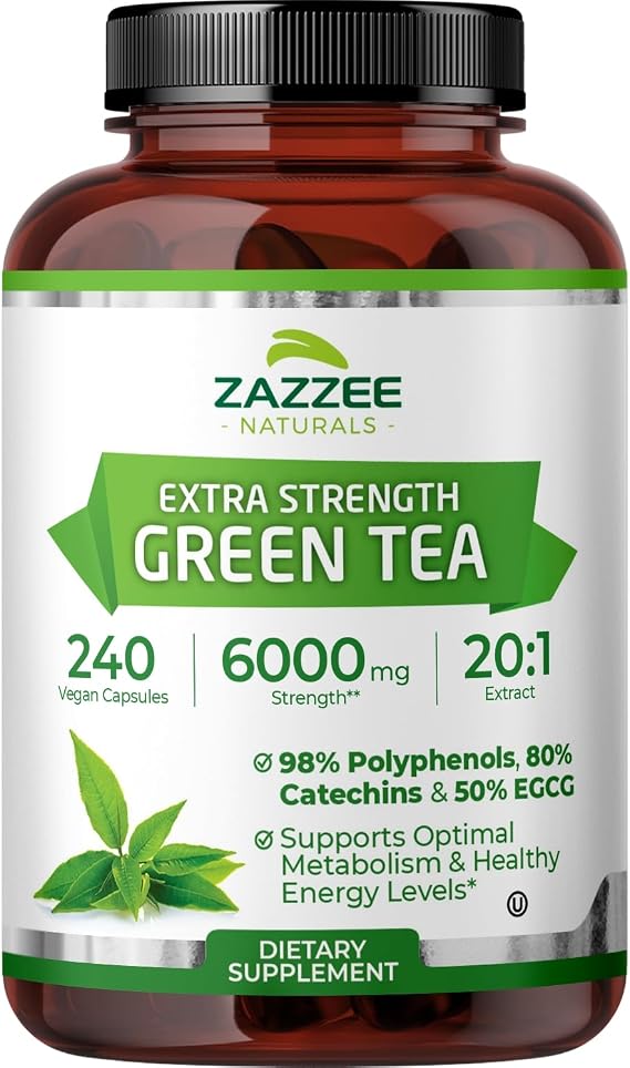 Zazzee Extra Strength Green Tea 20:1 Extract, 50% EGCG, 240 Vegan Capsules | 98% Polyphenols, 80% Catechins, 8 Month Supply, Certified Kosher, Antioxidant & Metabolism Support, Non-GMO, Made in the USA